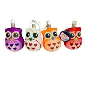 Germany Blown Glass Christmas Ornaments Set Of 4 Owl Colorful Mcm Mod Retro Owls